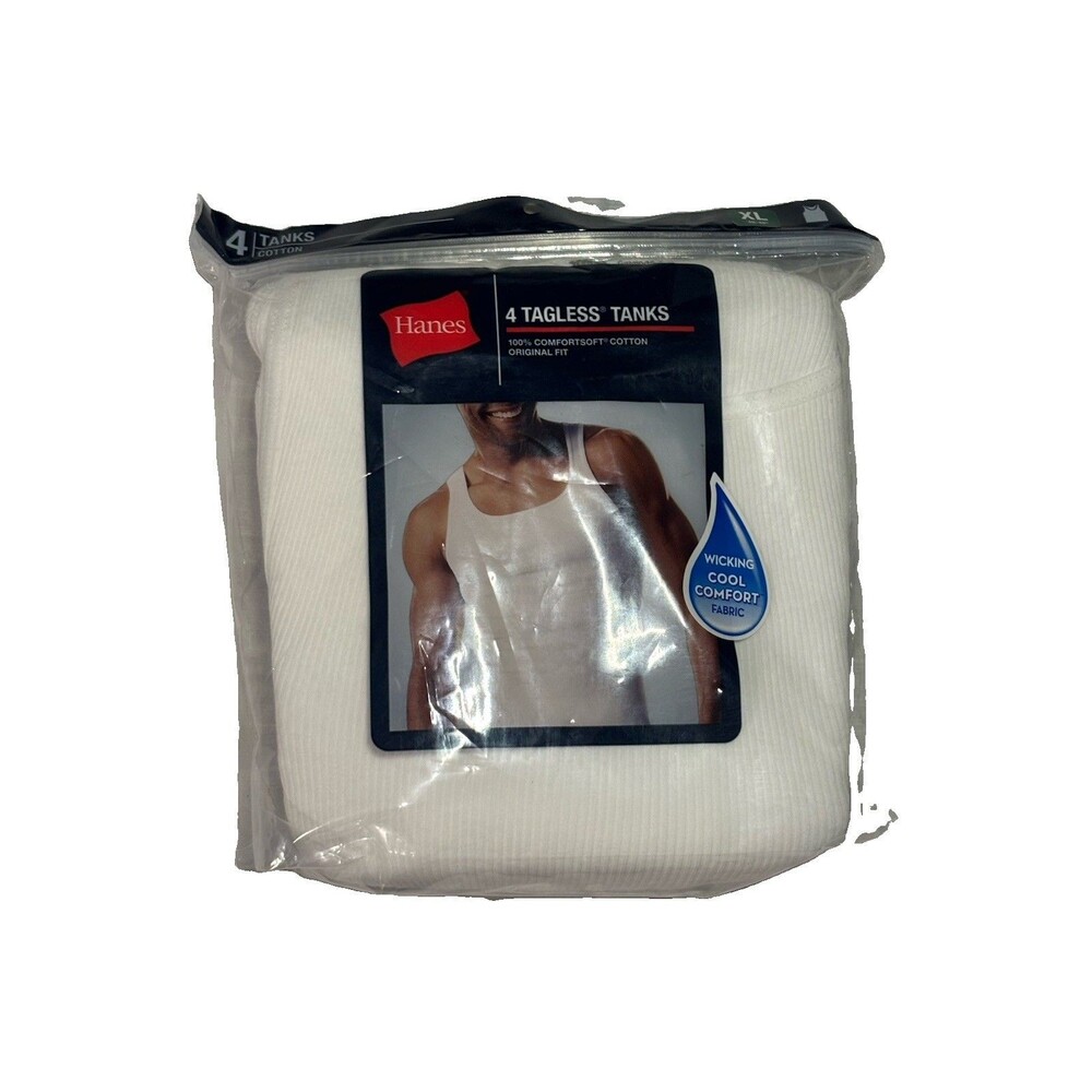 Hanes Men’s XL FreshIQ Tagless Ribbed Tank Top Undershirts White 4 Pack NIP